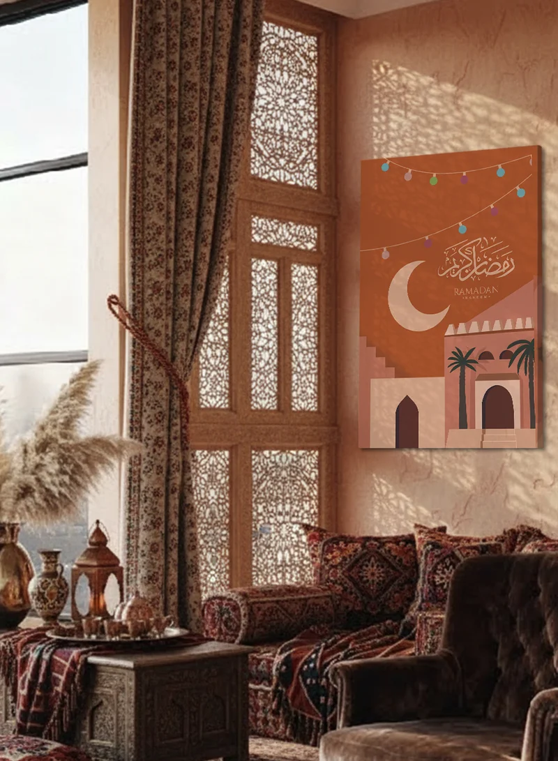 LOWHA Canvas Wall Art Stretched Over Wooden Frame with Crescent Ramadan Kareem Design
